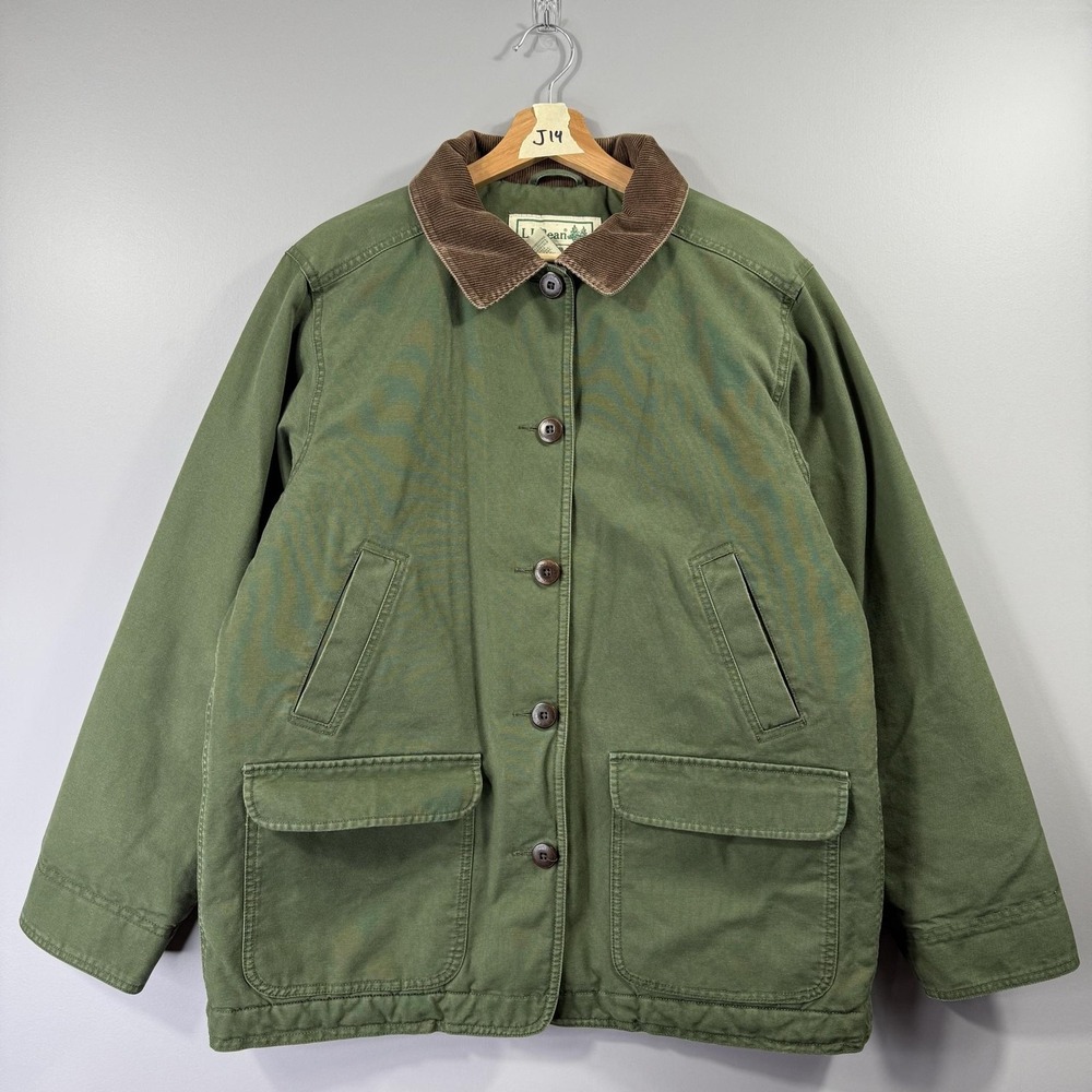 L.L.Bean Jacket Womens Petite Large Green Canvas Barn Coat Lined Corduroy Collar